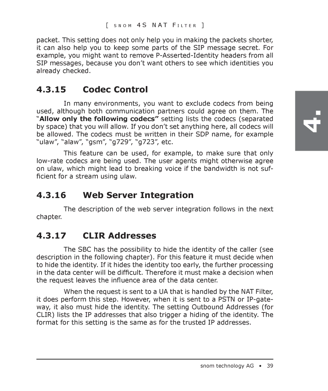 Snom 4S manual Codec Control, Web Server Integration, Clir Addresses 