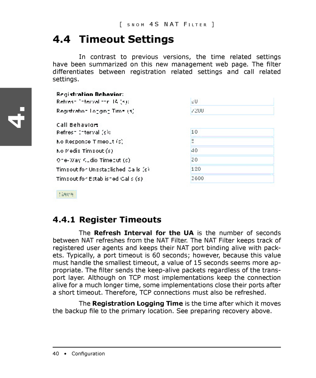 Snom 4S manual Timeout Settings, Register Timeouts 