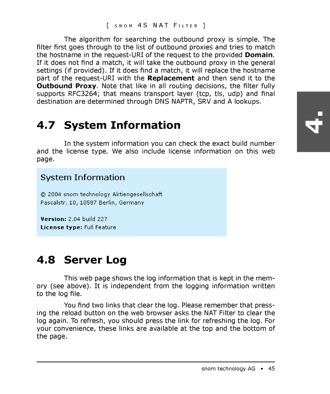 Snom 4S manual System Information, Server Log 