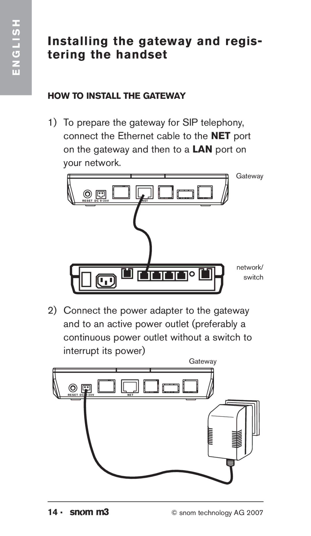 Snom M3 manual Installing the gateway and regis- tering the handset 