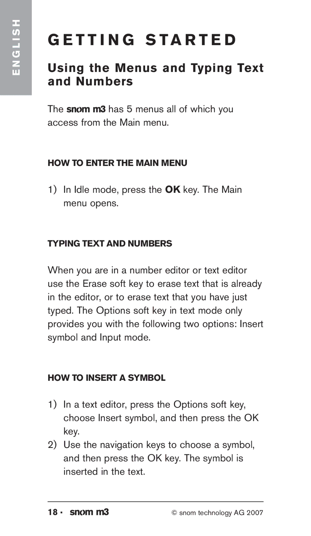 Snom M3 manual T T I N G S T a R T E D, Using the Menus and Typing Text and Numbers 