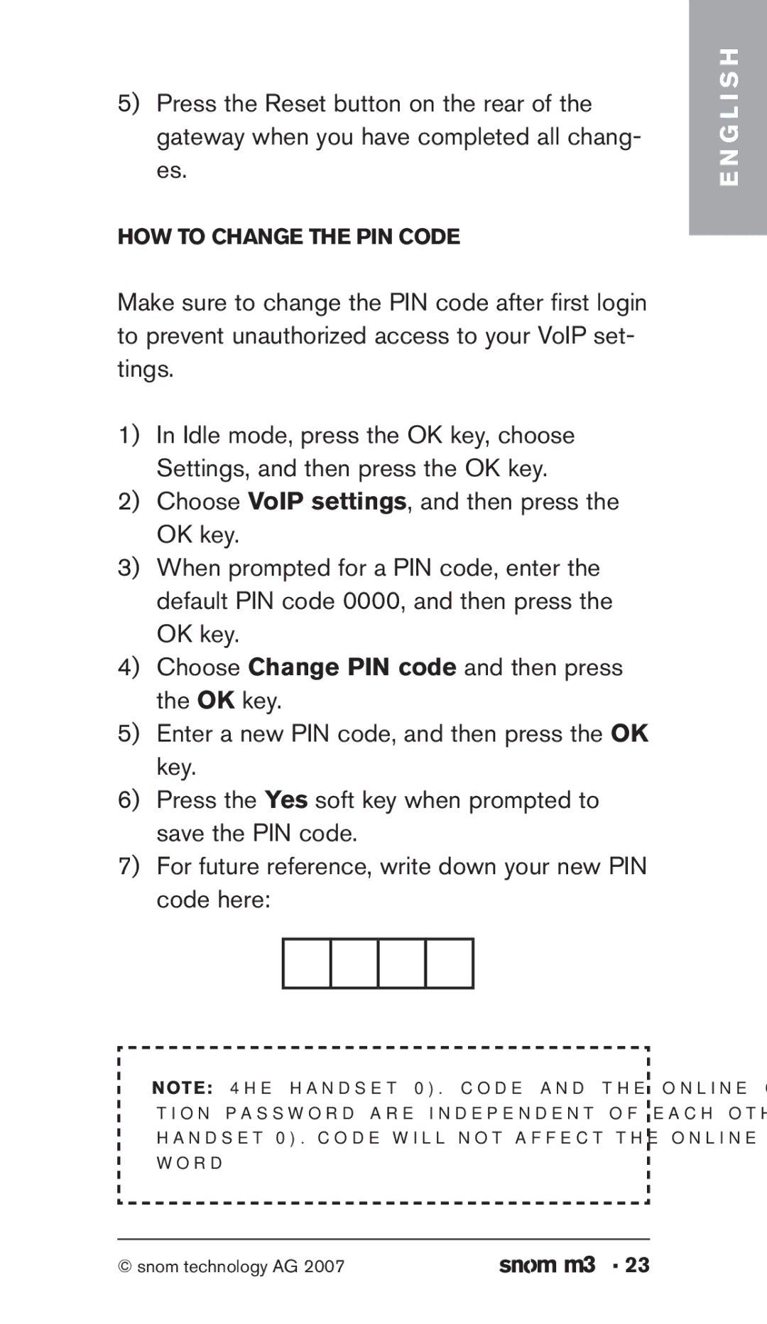 Snom M3 manual How to change the PIN code 