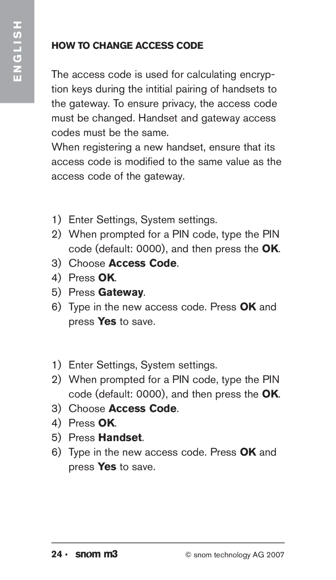 Snom M3 manual Choose Access Code 