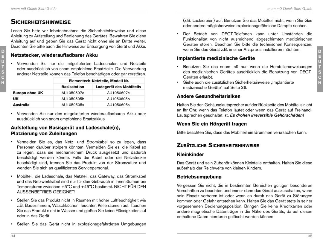 Snom M9 quick start Sicherheitshinweise, Netzstecker, wiederaufladbarer Akku, Implantierte medizinische Geräte, Kleinkinder 