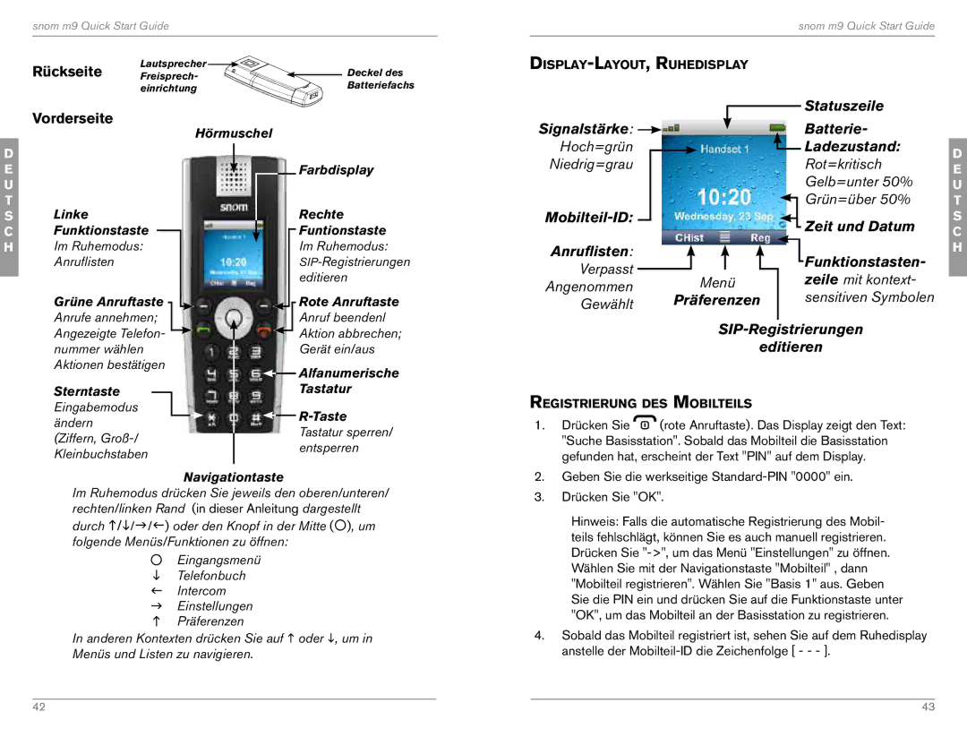 Snom M9 quick start Display-Layout, Ruhedisplay, Alfanumerische, Registrierung des Mobilteils 