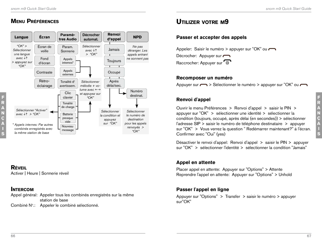 Snom M9 quick start Utilizer votre m9, Passer et accepter des appels, Recomposer un numéro, Renvoi dappel, Appel en attente 