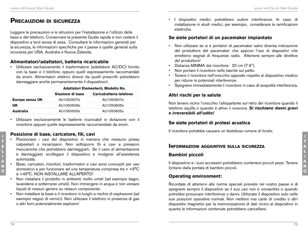 Snom M9 quick start Precauzioni di sicurezza, Alimentatori/adattatori, batteria ricaricabile, Altri rischi per la salute 