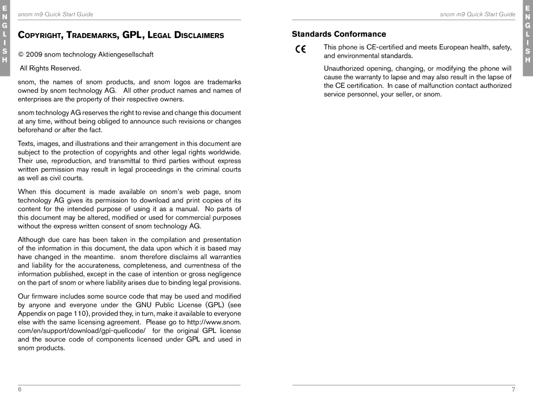 Snom M9 quick start Standards Conformance, Copyright, Trademarks, GPL, Legal Disclaimers 