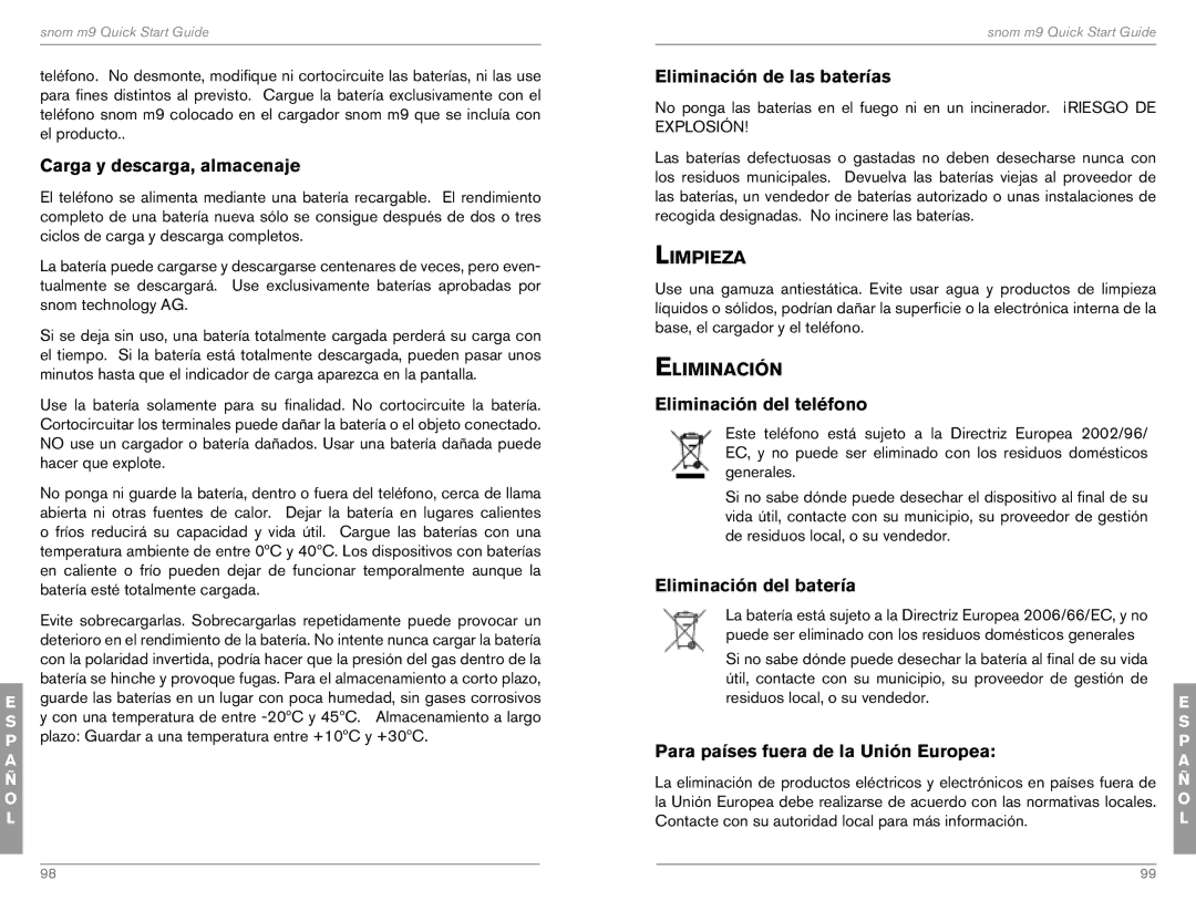 Snom M9 Carga y descarga, almacenaje, Eliminación de las baterías, Limpieza, Eliminación Eliminación del teléfono 