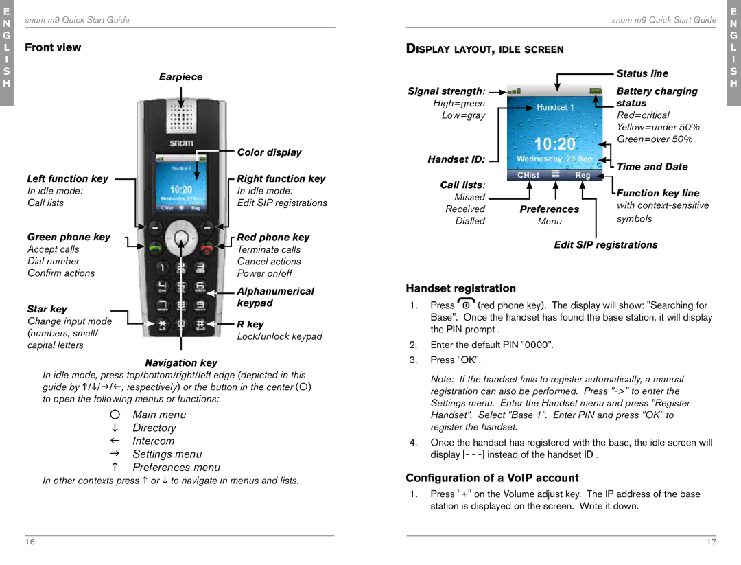 Snom M9 quick start Handset registration, Configuration of a VoIP account 