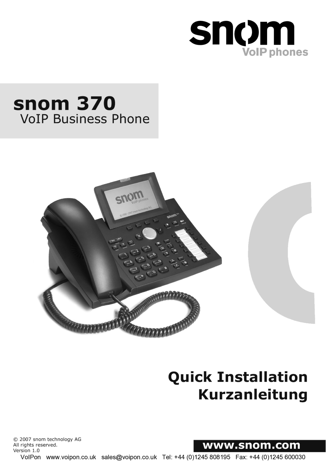 Snom snom 370 manual Snom, Quick Installation Kurzanleitung 