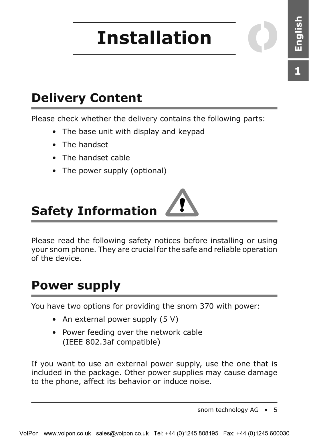 Snom snom 370 manual Installation, Delivery Content 