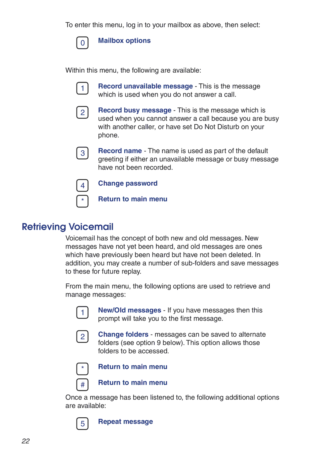 Snom VoIP PABX manual Retrieving Voicemail, Mailbox options 