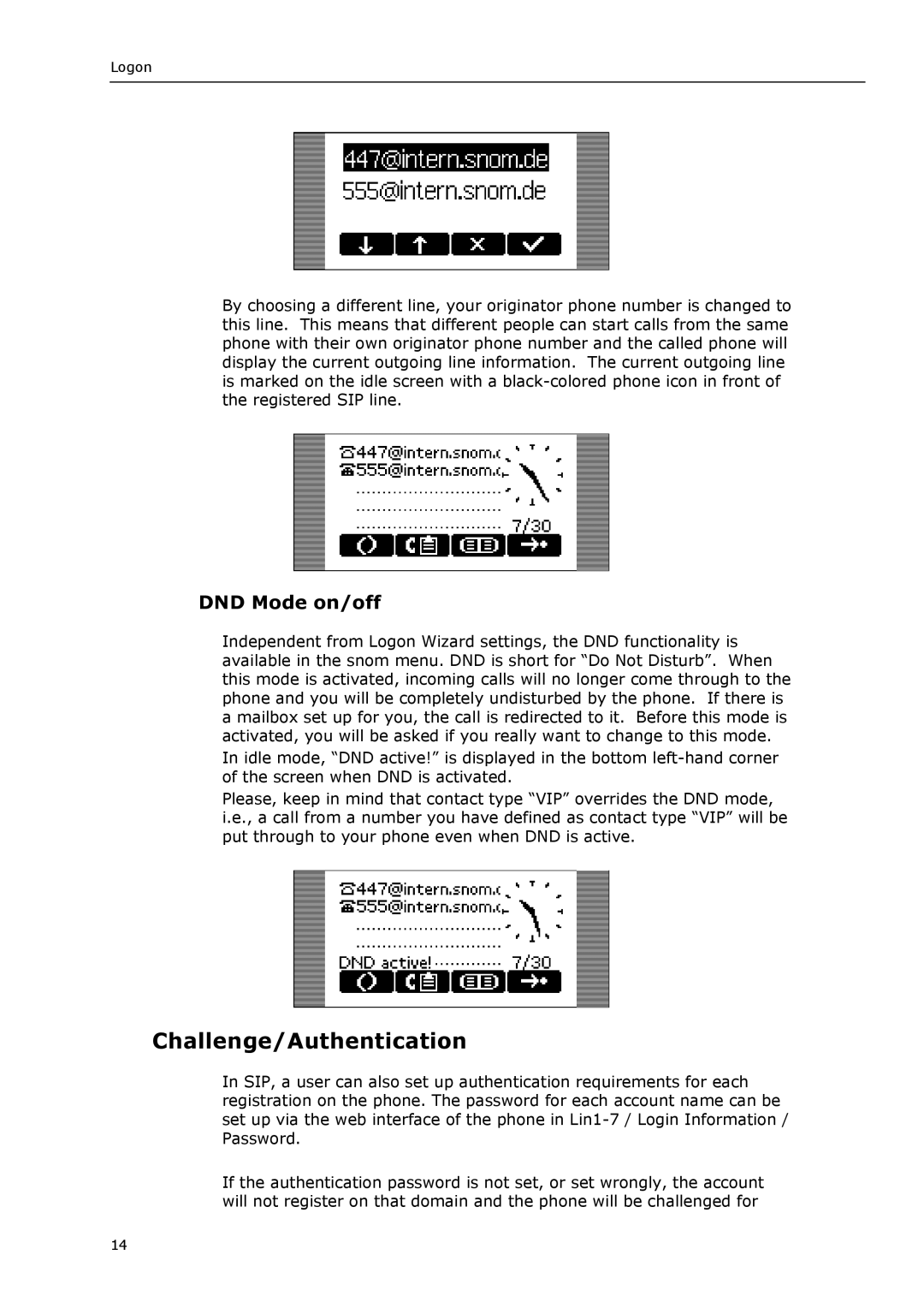 Snom VoIP Phone manual Challenge/Authentication, DND Mode on/off 