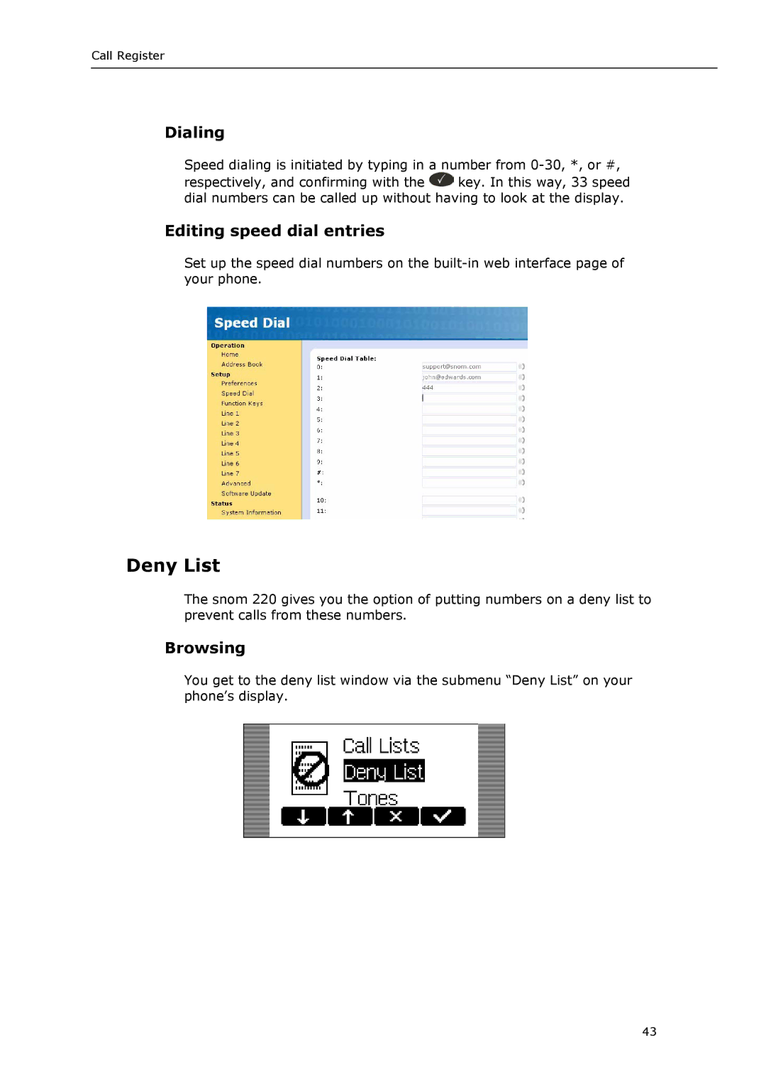 Snom VoIP Phone manual Deny List, Dialing, Editing speed dial entries, Browsing 