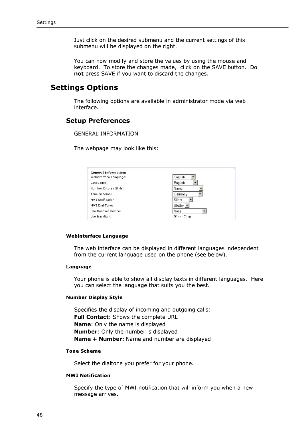 Snom VoIP Phone manual Settings Options, Setup Preferences 