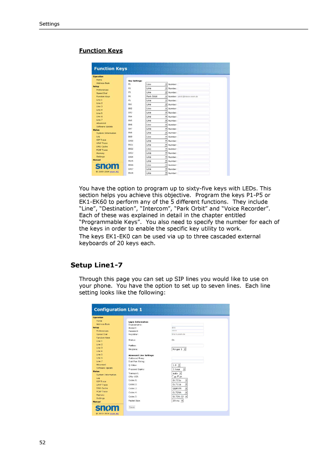 Snom VoIP Phone manual Setup Line1-7, Function Keys 