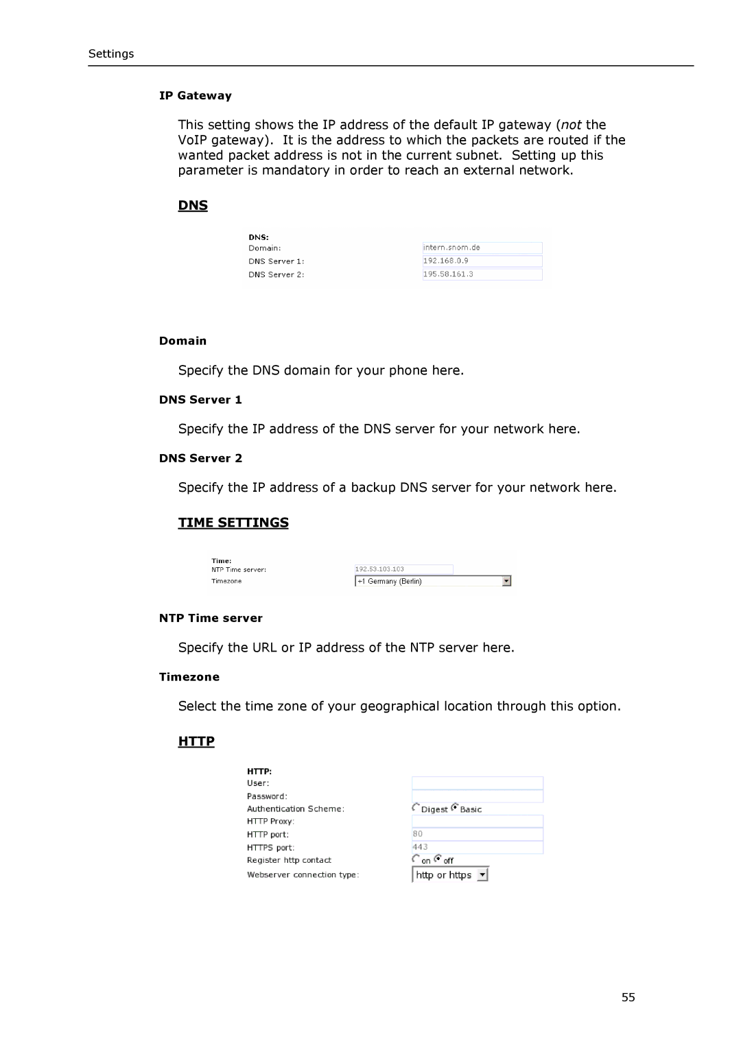 Snom VoIP Phone manual Dns, Time Settings, Http 