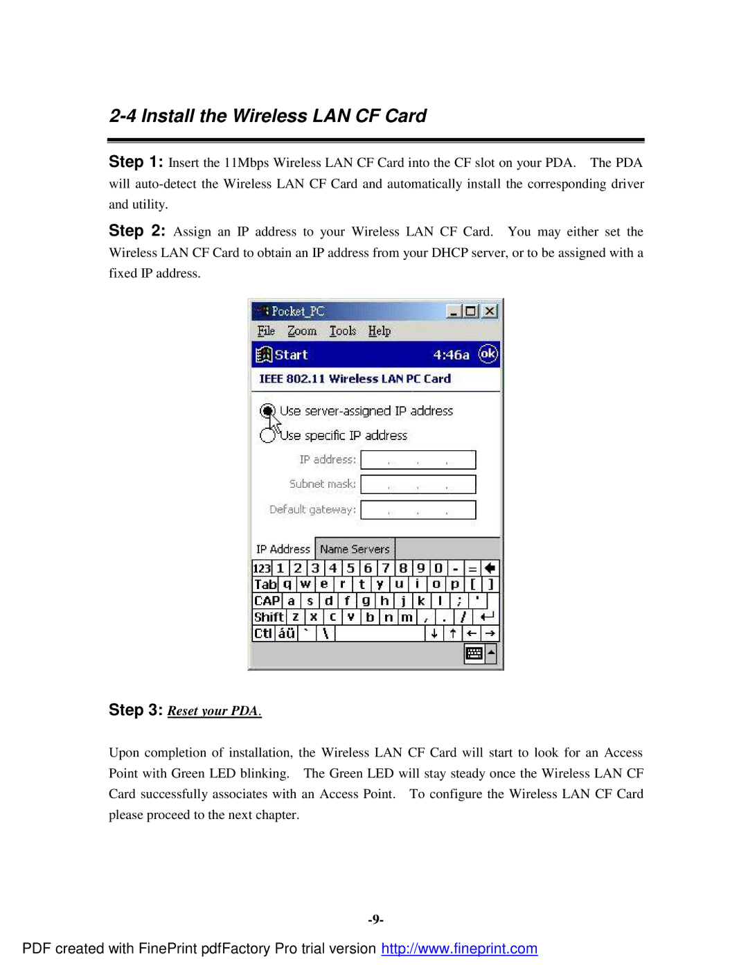 Socket Mobile 11Mbps manual Install the Wireless LAN CF Card, Reset your PDA 