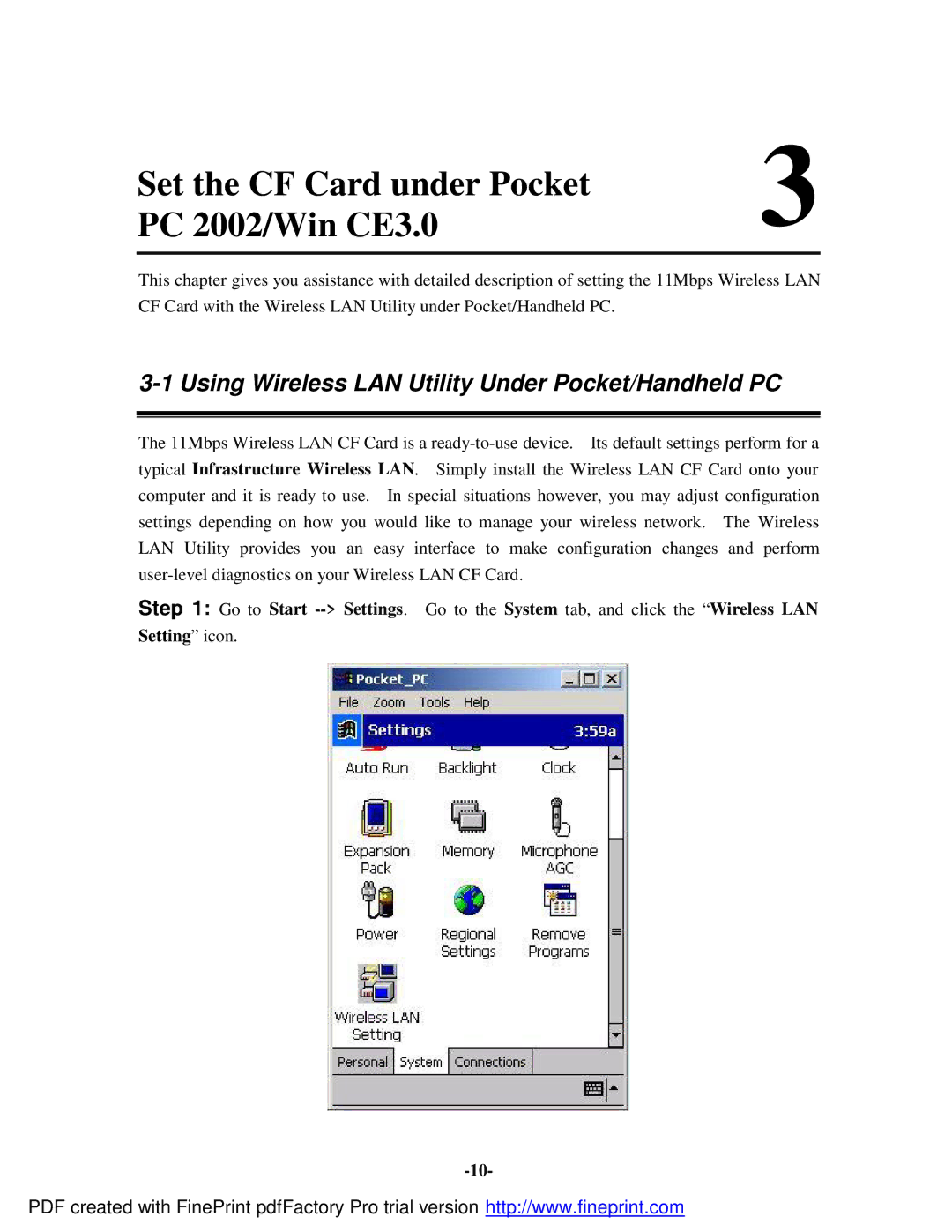 Socket Mobile 11Mbps Set the CF Card under Pocket PC 2002/Win CE3.0, Using Wireless LAN Utility Under Pocket/Handheld PC 