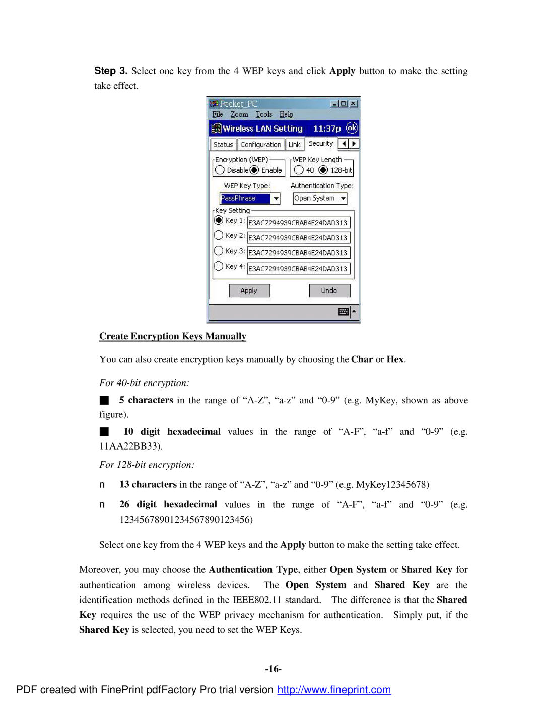 Socket Mobile 11Mbps manual Create Encryption Keys Manually, For 40-bit encryption 