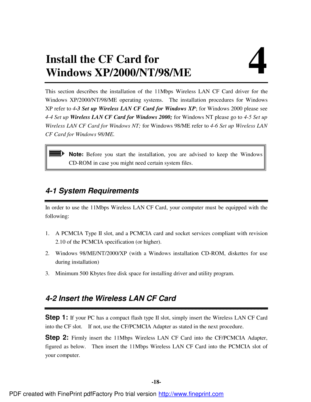 Socket Mobile 11Mbps manual Install the CF Card for Windows XP/2000/NT/98/ME, Insert the Wireless LAN CF Card 