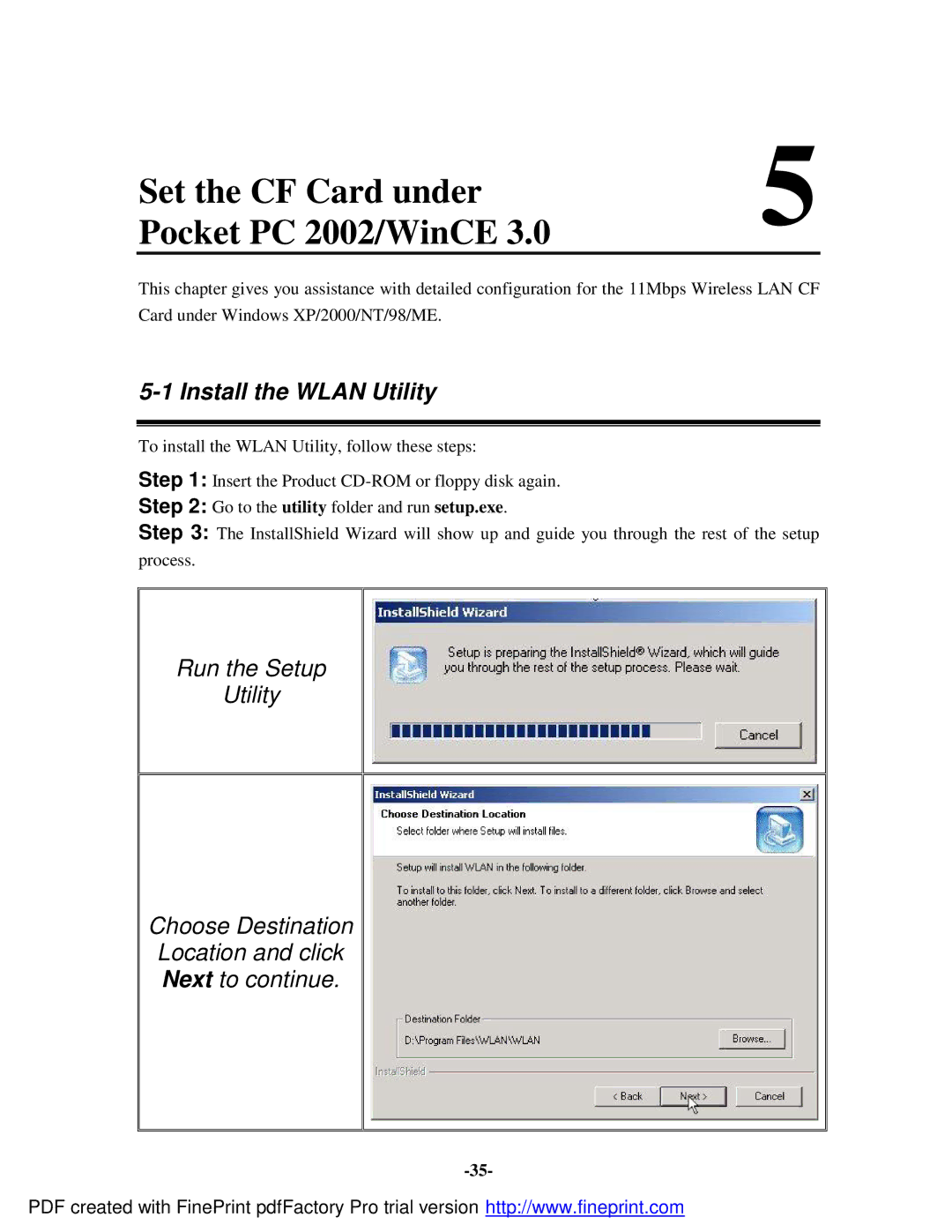 Socket Mobile 11Mbps manual Set the CF Card under Pocket PC 2002/WinCE, Install the Wlan Utility 