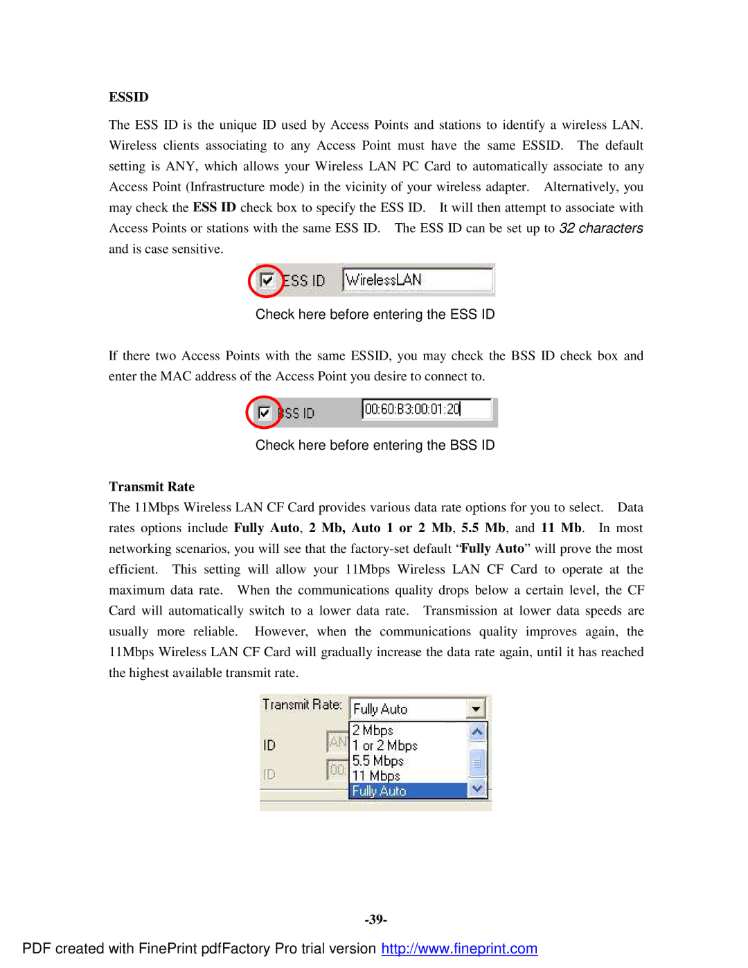 Socket Mobile 11Mbps manual Check here before entering the ESS ID, Transmit Rate 