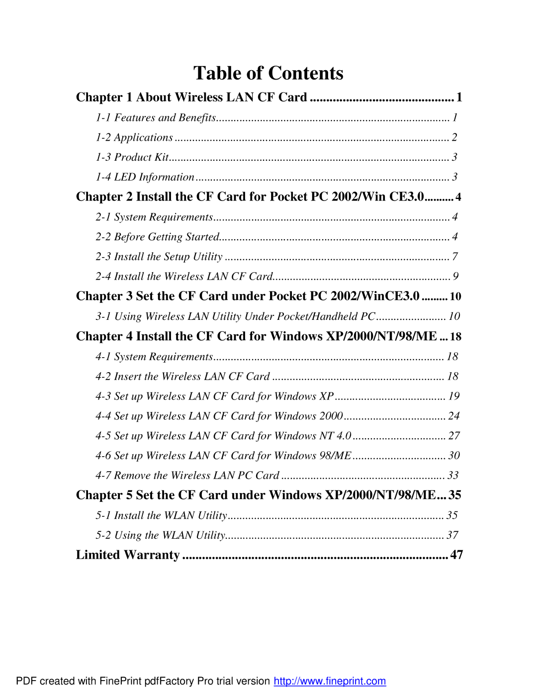 Socket Mobile 11Mbps manual Table of Contents 