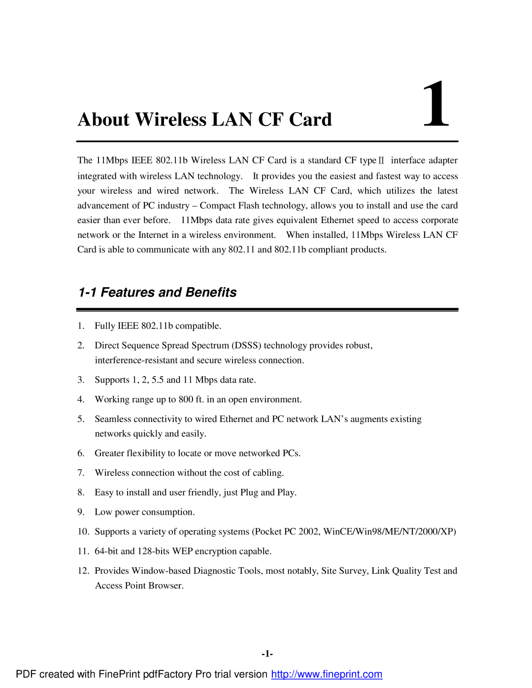 Socket Mobile 11Mbps manual About Wireless LAN CF Card, Features and Benefits 