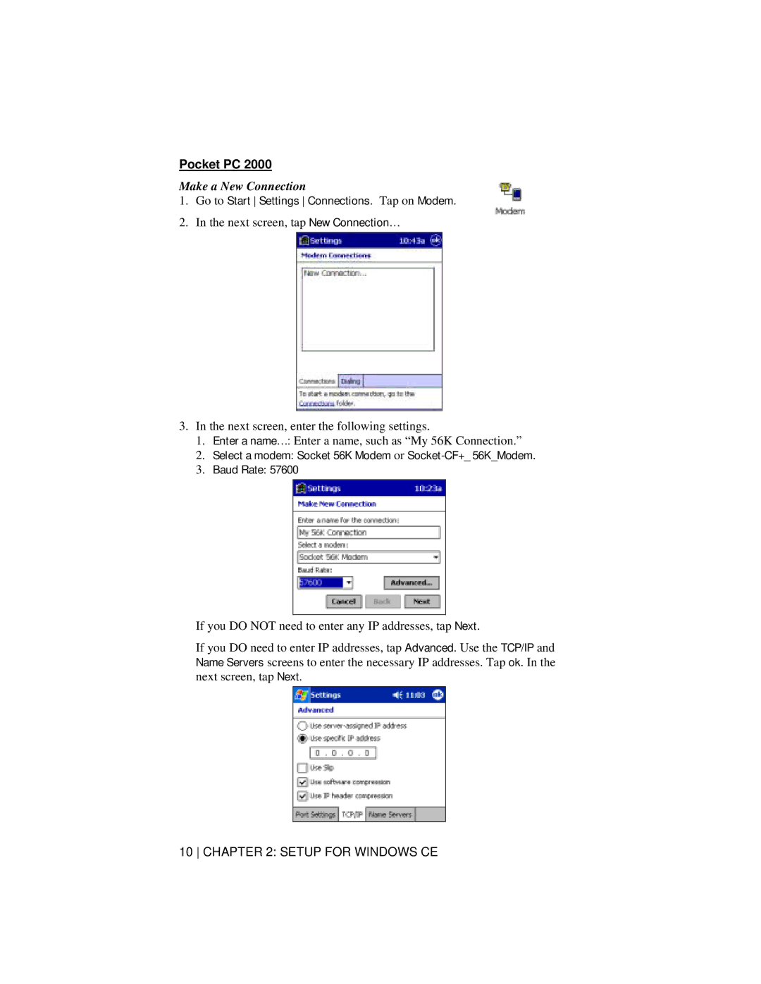 Socket Mobile 56K Modem Card manual Pocket PC, Go to Start Settings Connections. Tap on Modem 