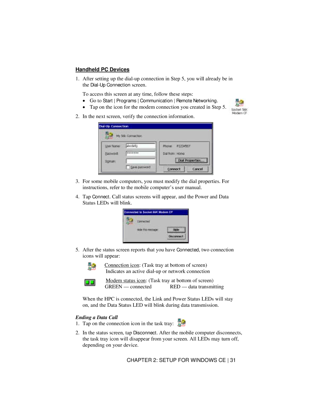 Socket Mobile 56K Modem Card manual Handheld PC Devices, Go to Start Programs Communication Remote Networking 