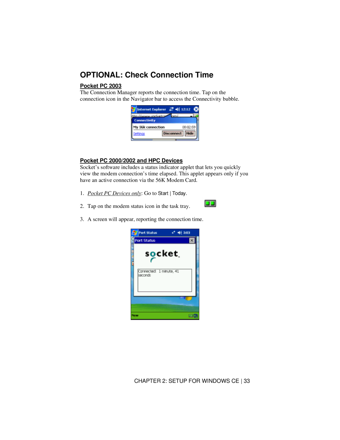 Socket Mobile 56K Modem Card manual Optional Check Connection Time, Pocket PC 2000/2002 and HPC Devices 