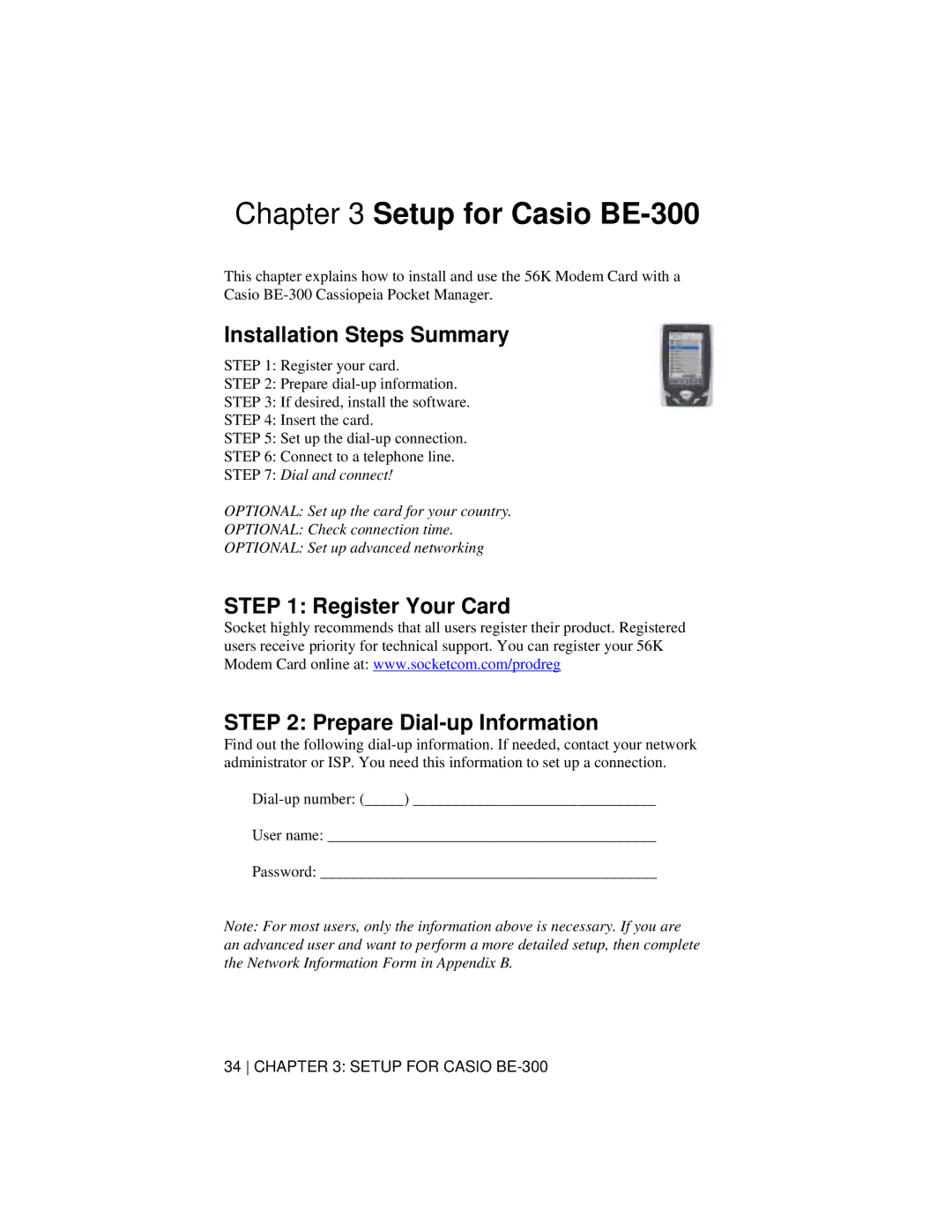 Socket Mobile 56K Modem Card manual Setup for Casio BE-300, Installation Steps Summary 