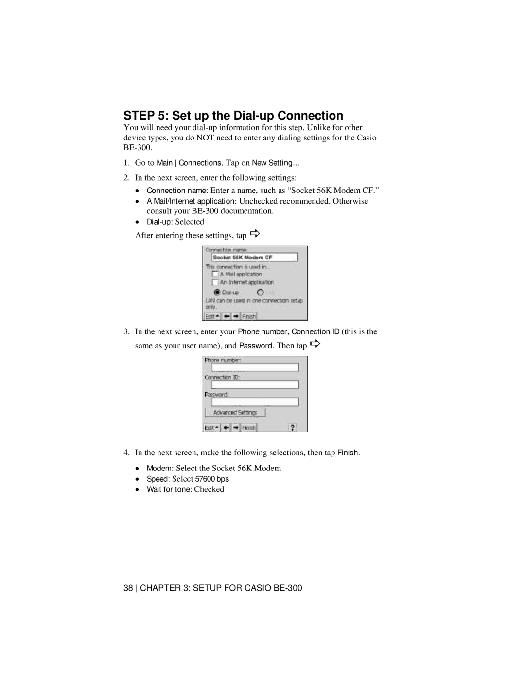 Socket Mobile 56K Modem Card manual Go to Main Connections. Tap on New Setting…, Dial-up Selected 