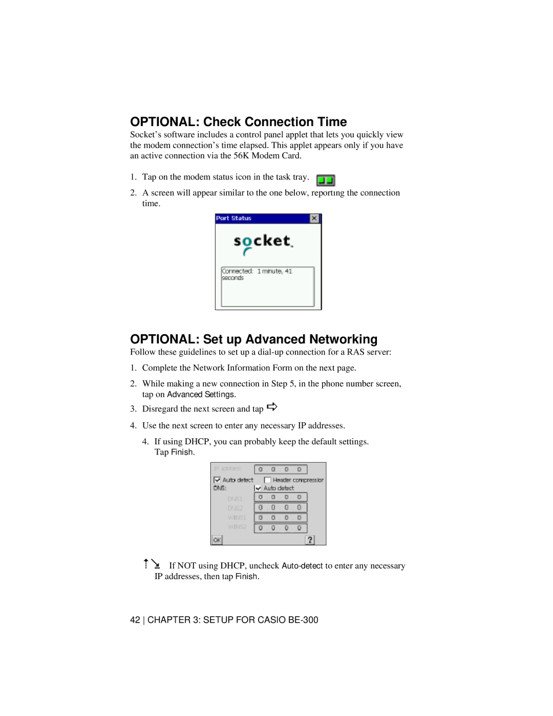 Socket Mobile 56K Modem Card manual Optional Check Connection Time, Optional Set up Advanced Networking 