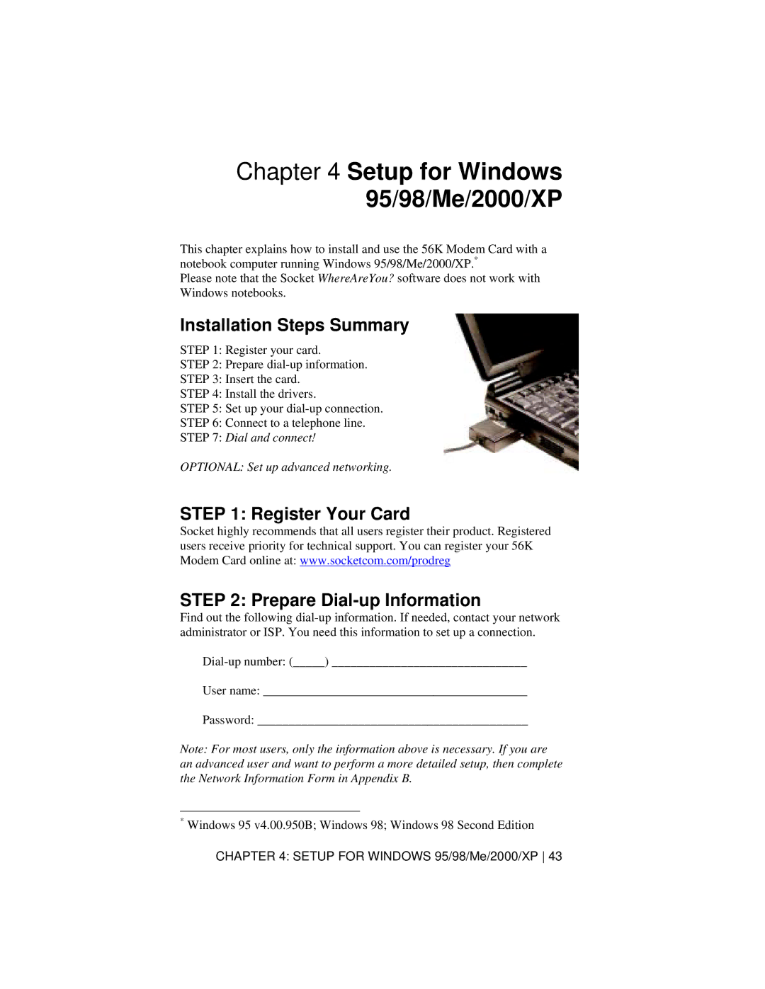 Socket Mobile 56K Modem Card manual Setup for Windows 95/98/Me/2000/XP, Installation Steps Summary 