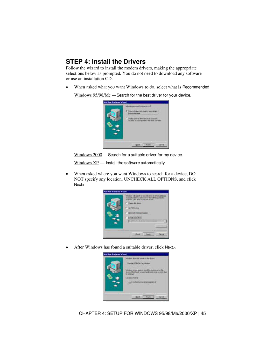 Socket Mobile 56K Modem Card manual Install the Drivers, Next 