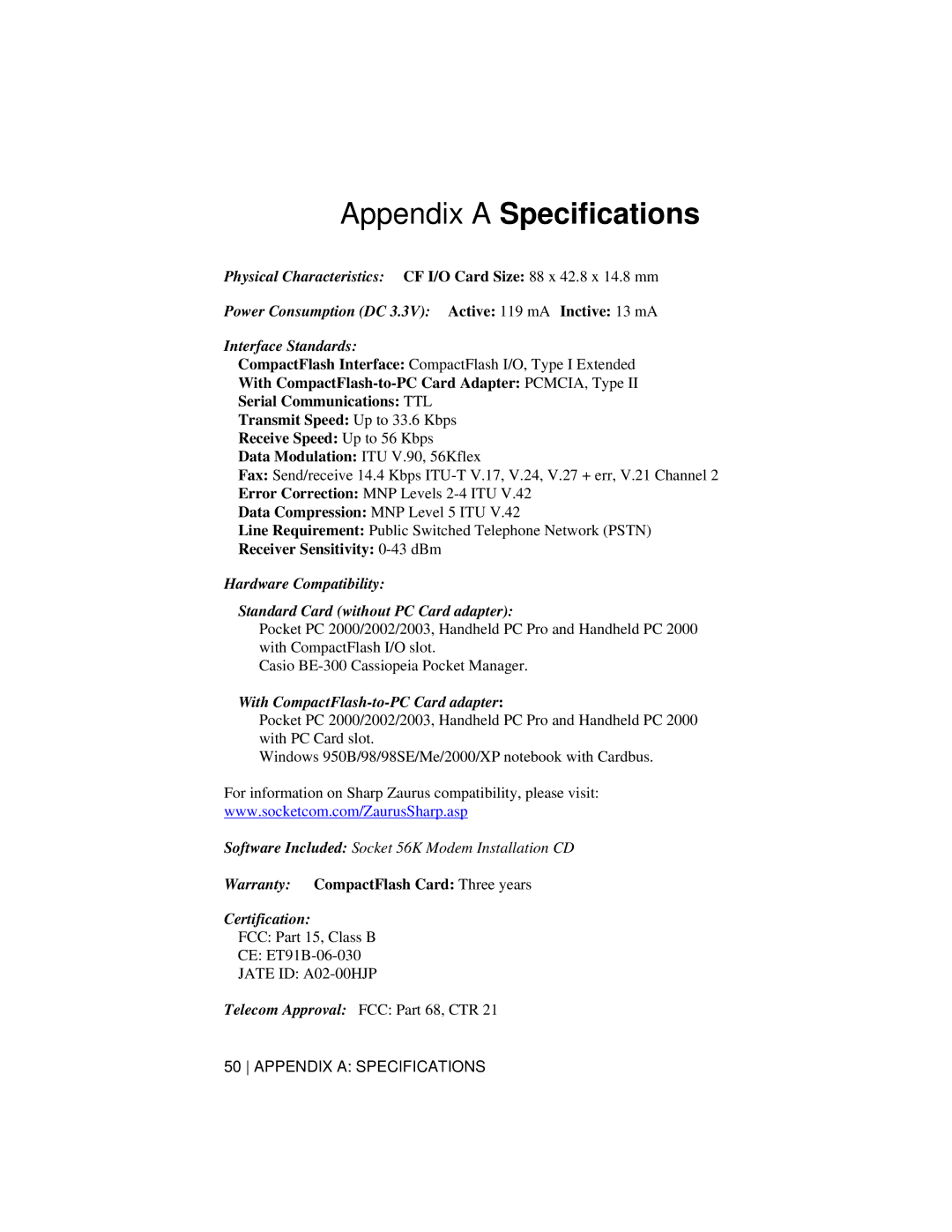 Socket Mobile 56K Modem Card manual Appendix a Specifications, With CompactFlash-to-PC Card adapter 