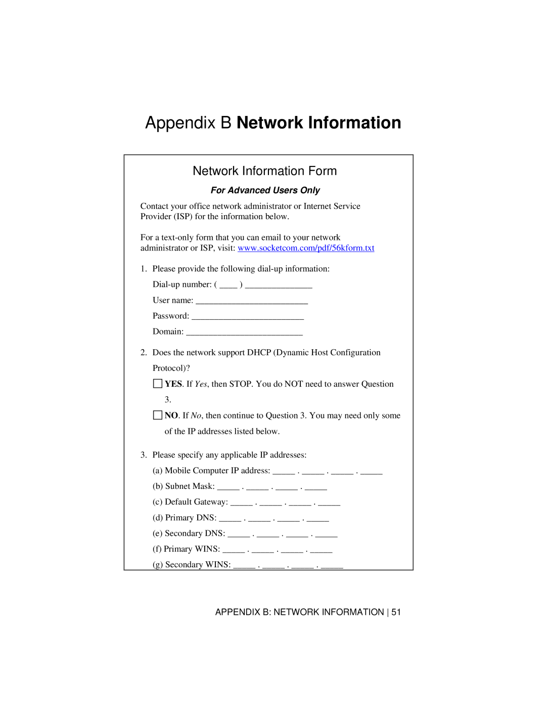 Socket Mobile 56K Modem Card manual Appendix B Network Information, Network Information Form 