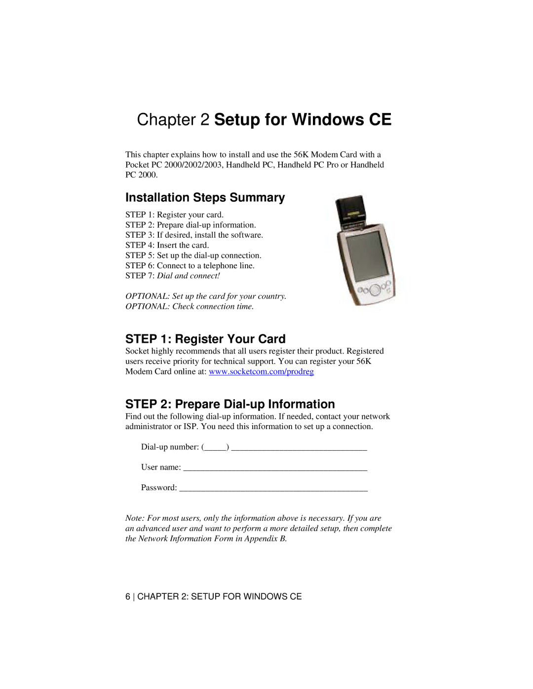 Socket Mobile 56K Modem Card manual Setup for Windows CE, Installation Steps Summary 