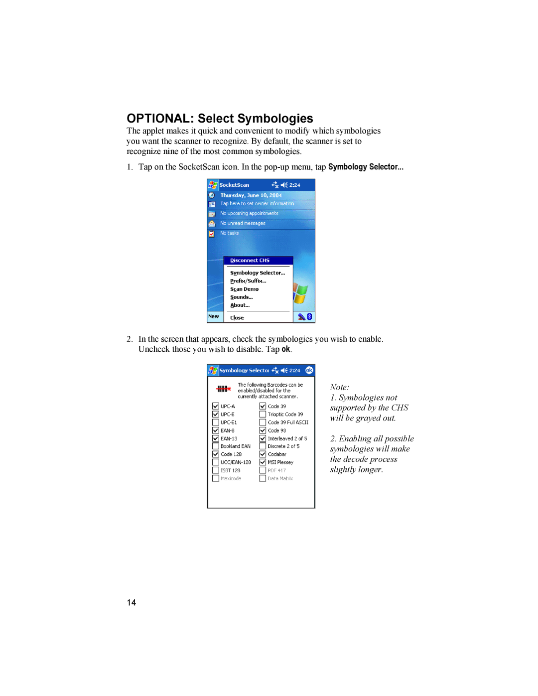 Socket Mobile 6410-00233 manual Optional Select Symbologies 