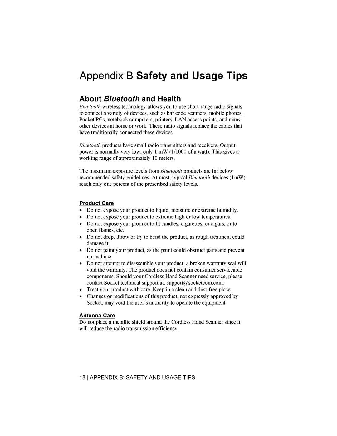 Socket Mobile 6410-00233 manual Appendix B Safety and Usage Tips, About Bluetooth and Health, Product Care, Antenna Care 