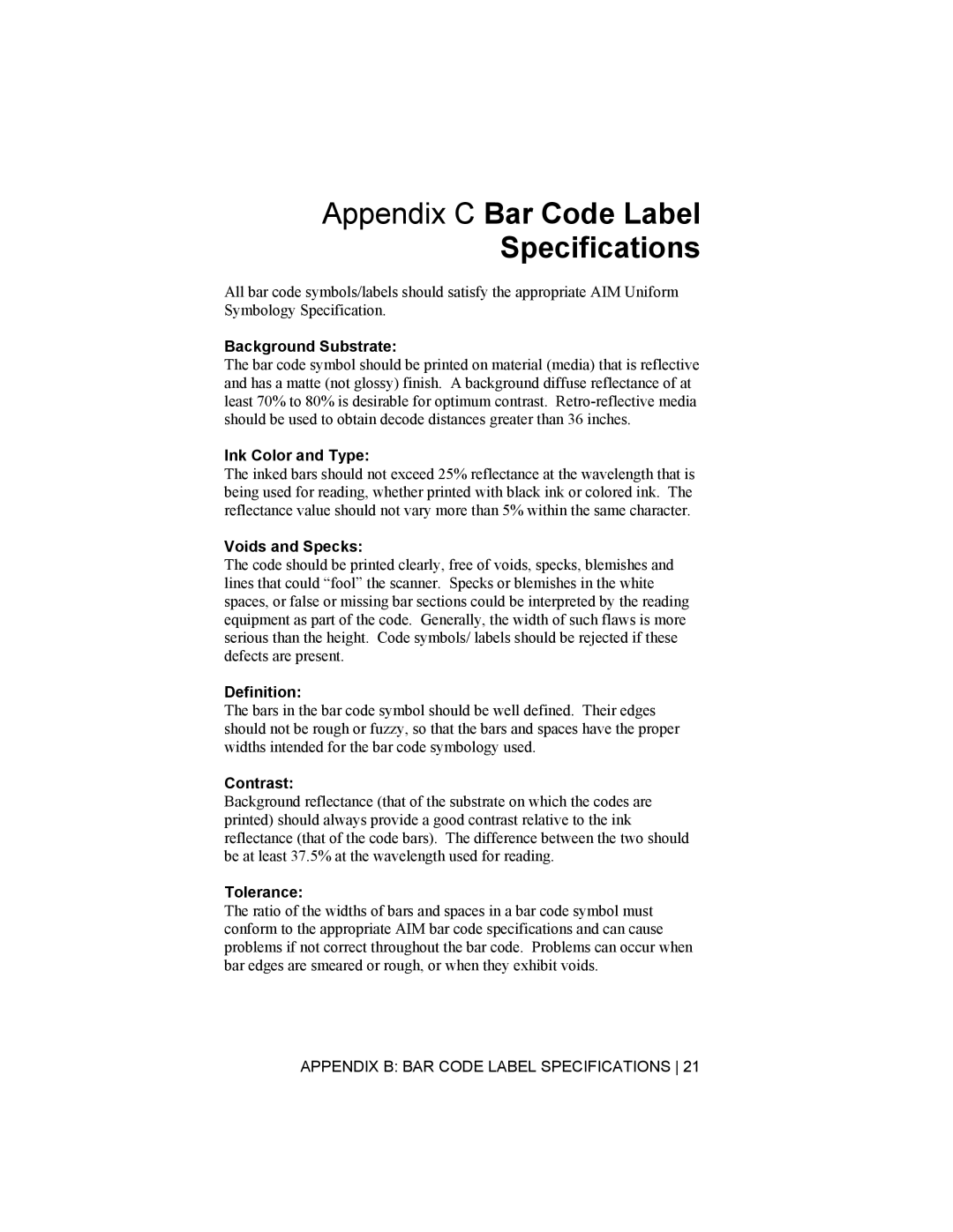 Socket Mobile 6410-00233 manual Appendix C Bar Code Label Specifications 