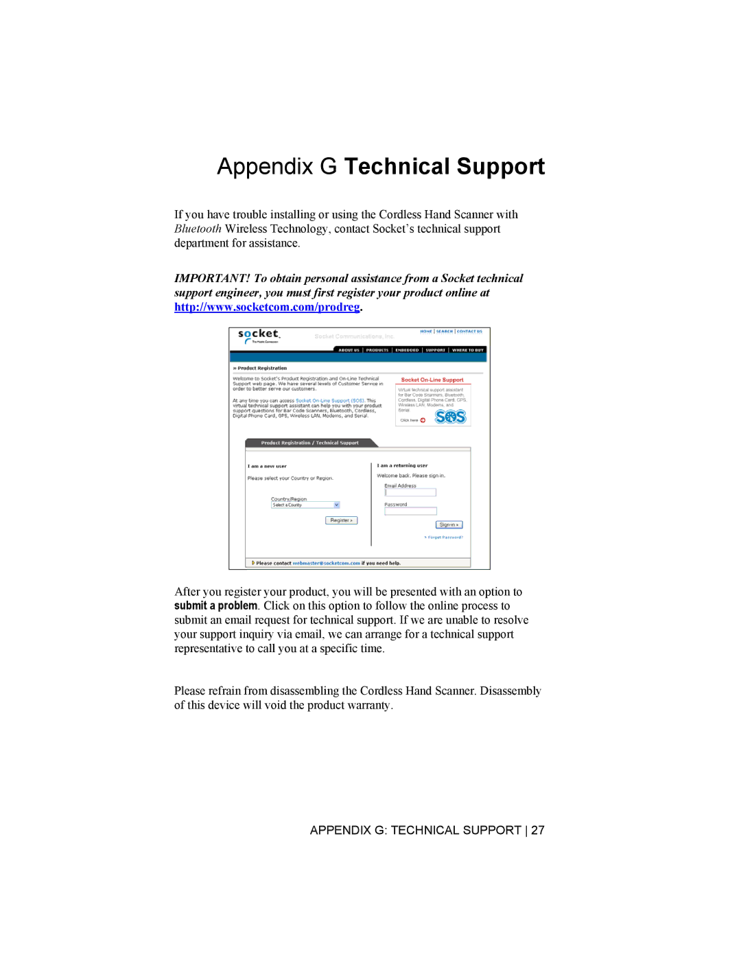 Socket Mobile 6410-00233 manual Appendix G Technical Support 