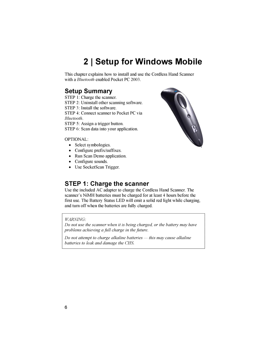 Socket Mobile 6410-00233 manual Setup for Windows Mobile, Setup Summary, Charge the scanner 