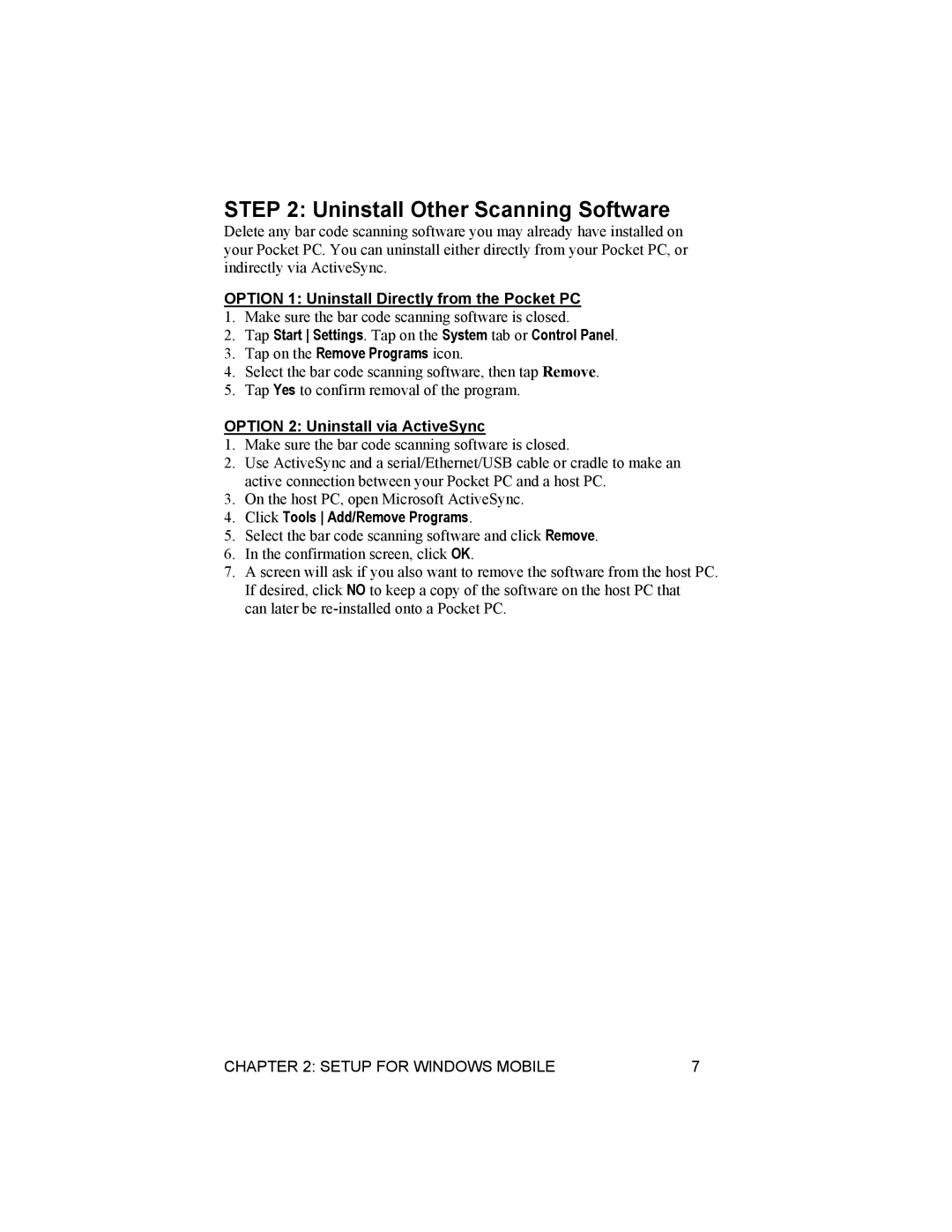 Socket Mobile 6410-00233 manual Uninstall Other Scanning Software, Option 1 Uninstall Directly from the Pocket PC 