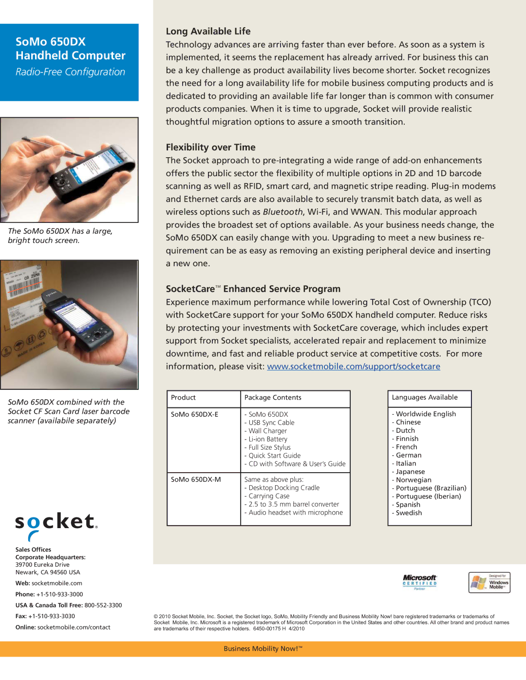 Socket Mobile 650 DX manual Long Available Life, Flexibility over Time, SocketCare Enhanced Service Program 