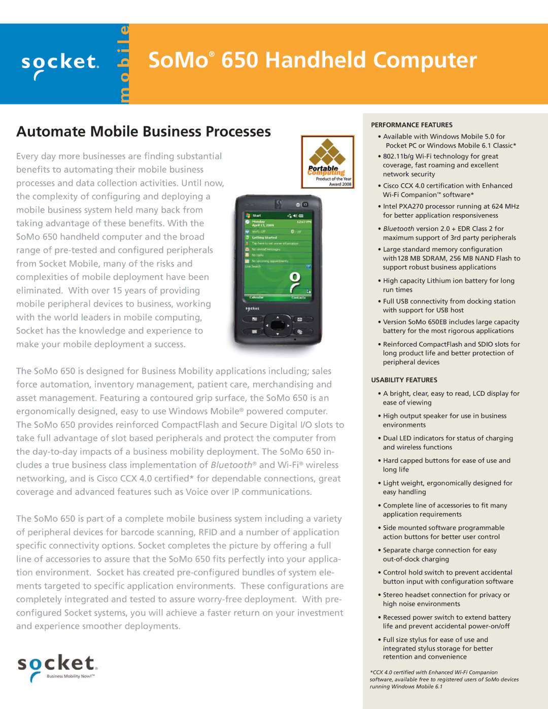 Socket Mobile 650 manual Performance Features, Usability Features 