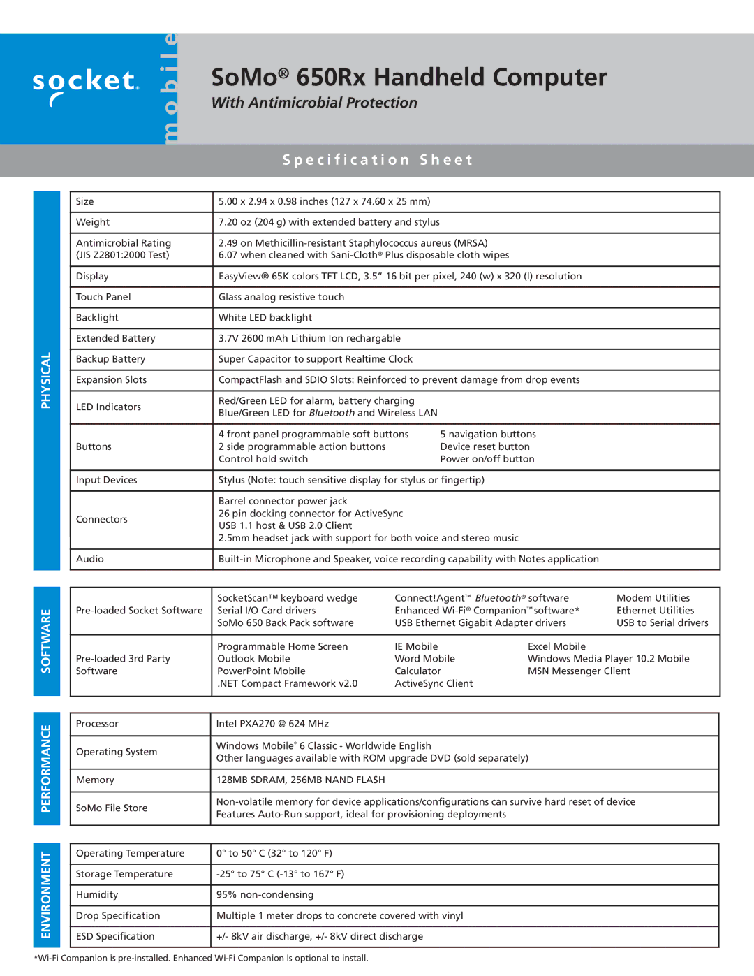 Socket Mobile 650RX specifications SoMo 650Rx Handheld Computer, With Antimicrobial Protection, Specification S h e e t 